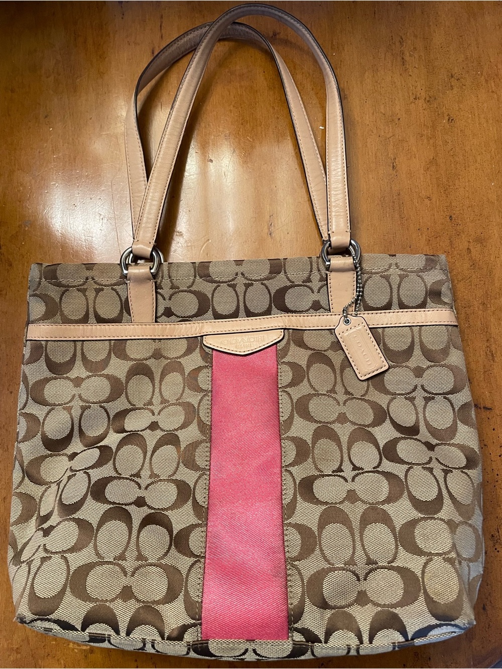 Coach Signature Heritage Canvas Tote with Pink Center Stripe